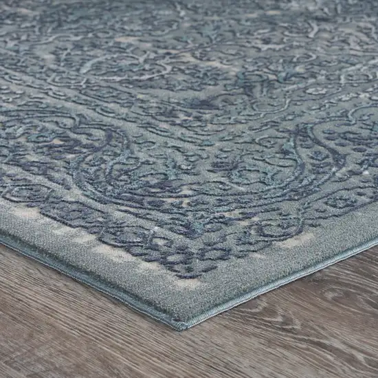 8' Blue Silver Gray And Cream Damask Distressed Runner Rug Photo 3