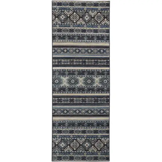 8' Blue Tan And Black Geometric Power Loom Distressed Stain Resistant Runner Rug Photo 1