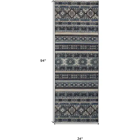 8' Blue Tan And Black Geometric Power Loom Distressed Stain Resistant Runner Rug Photo 7