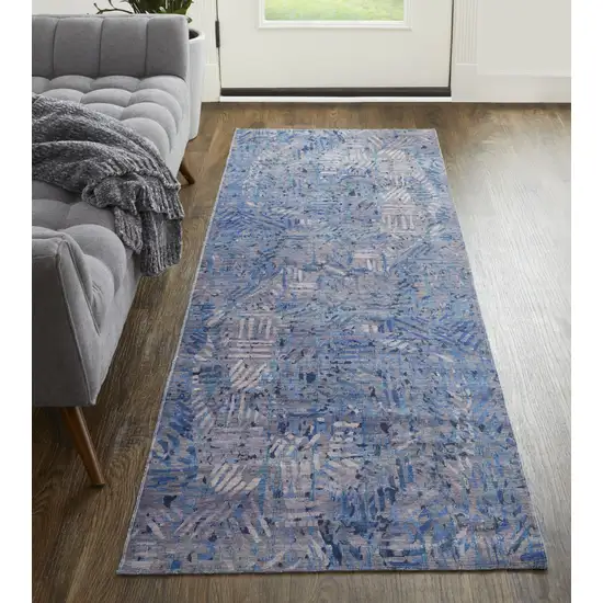 8' Blue Tan and Gray Abstract Power Loom Washable Runner Rug Photo 5