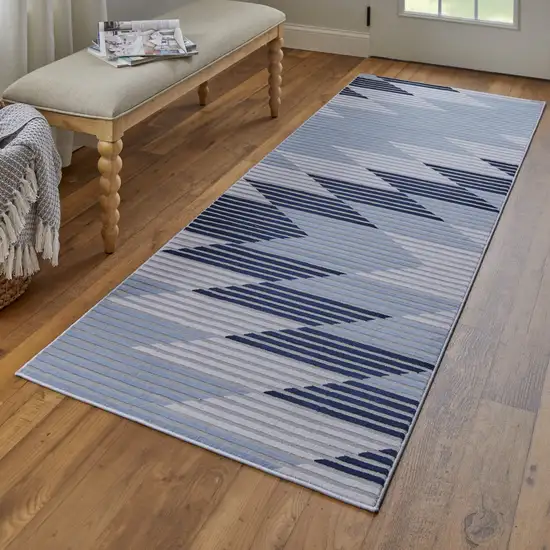 8' Blue White and Gray Geometric Power Loom Runner Rug Photo 9