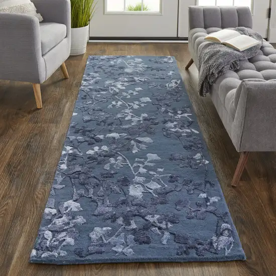 8' Blue Wool Floral Tufted Handmade Runner Rug Photo 3