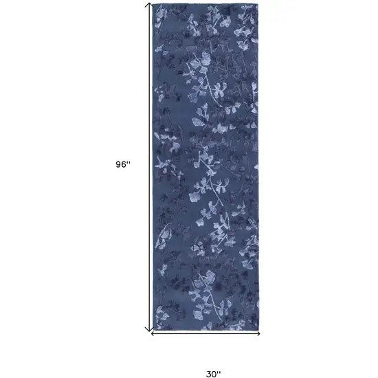 8' Blue Wool Floral Tufted Handmade Runner Rug Photo 6