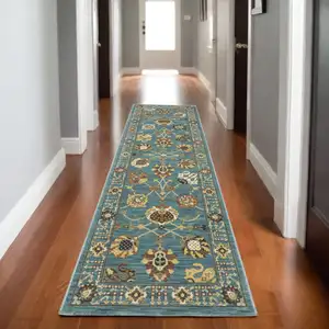 Photo of 8' Blue Yellow And Dark Orange Oriental Runner Rug With Fringe