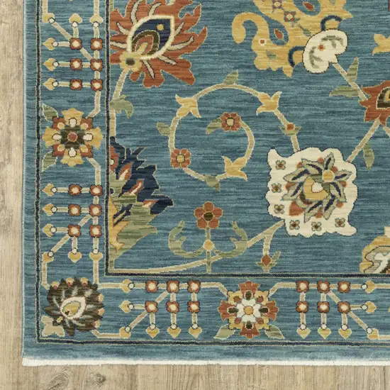 8' Blue Yellow And Dark Orange Oriental Runner Rug With Fringe Photo 7