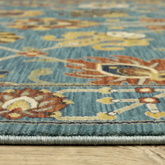 8' Blue Yellow And Dark Orange Oriental Runner Rug With Fringe Photo 5