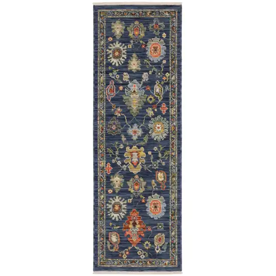 6' Blue Yellow And Ivory Oriental Runner Rug With Fringe Photo 5