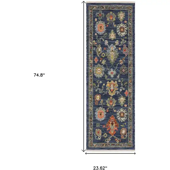 6' Blue Yellow And Ivory Oriental Runner Rug With Fringe Photo 3