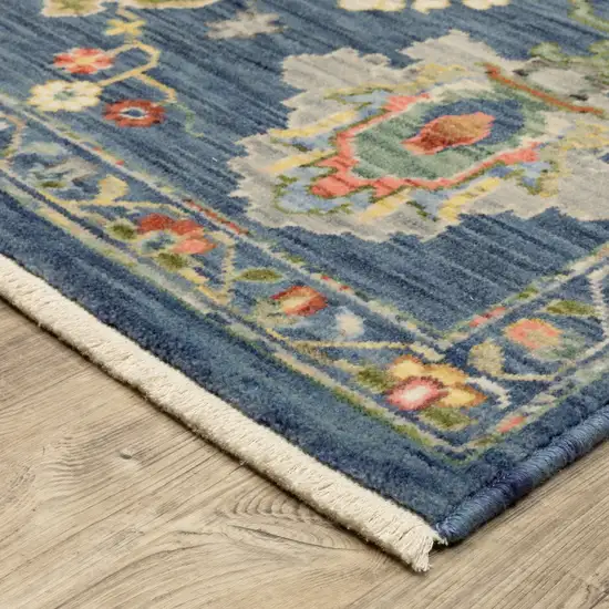 6' Blue Yellow And Ivory Oriental Runner Rug With Fringe Photo 9