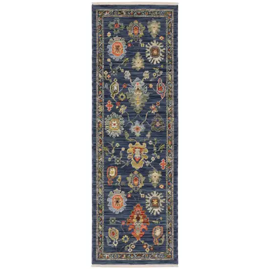 6' Blue Yellow And Ivory Oriental Runner Rug With Fringe Photo 2