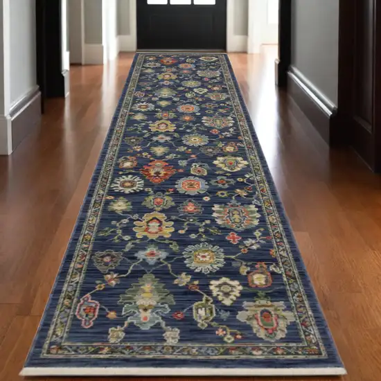 12' Blue Yellow And Orange Oriental Runner Rug With Fringe Photo 1