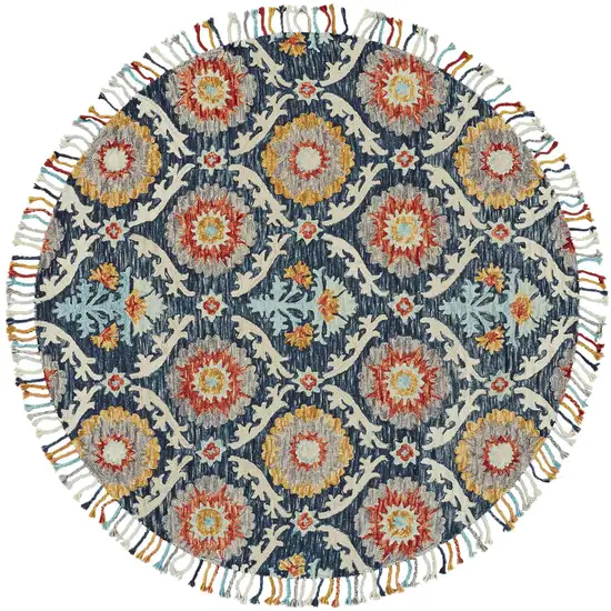 8' Blue Yellow And Orange Round Wool Paisley Tufted Handmade Stain Resistant Area Rug With Fringe Photo 1