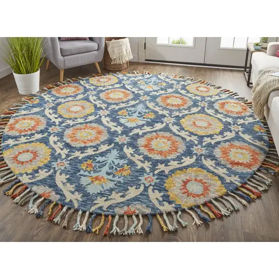 8' Blue Yellow And Orange Round Wool Paisley Tufted Handmade Stain Resistant Area Rug With Fringe Photo 3