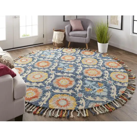 8' Blue Yellow And Orange Round Wool Paisley Tufted Handmade Stain Resistant Area Rug With Fringe Photo 5