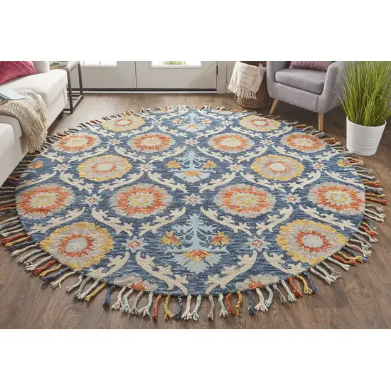 8' Blue Yellow And Orange Round Wool Paisley Tufted Handmade Stain Resistant Area Rug With Fringe Photo 4