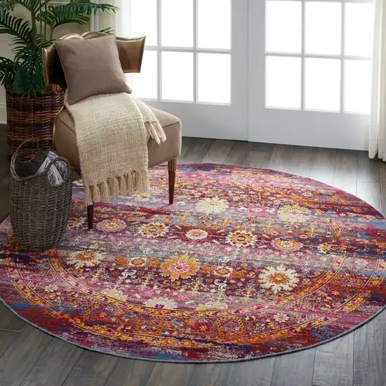 6' Blue Yellow And Red Floral Distressed Non Skid Round Rug Photo 9