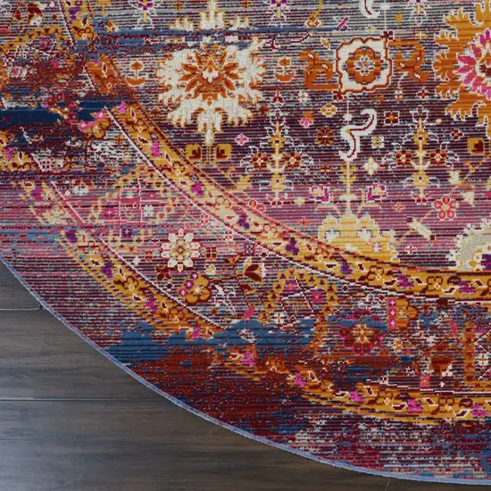 6' Blue Yellow And Red Floral Distressed Non Skid Round Rug Photo 4