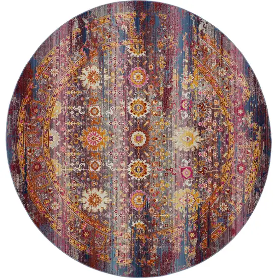 6' Blue Yellow And Red Floral Distressed Non Skid Round Rug Photo 2