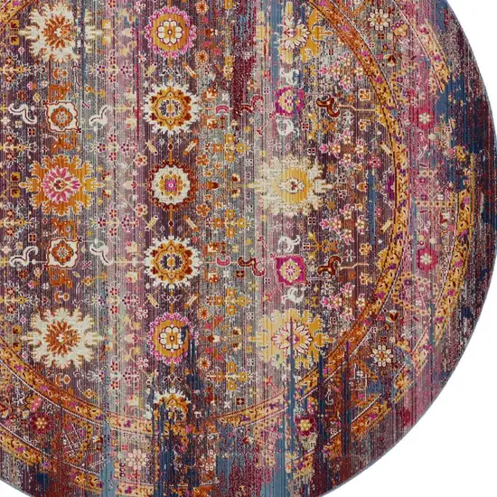 6' Blue Yellow And Red Floral Distressed Non Skid Round Rug Photo 7