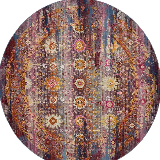 6' Blue Yellow And Red Floral Distressed Non Skid Round Rug Photo 8