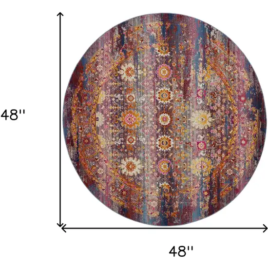 4' Blue Yellow And Red Floral Distressed Round Rug Photo 3