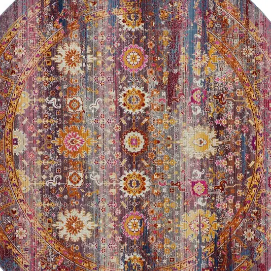 4' Blue Yellow And Red Floral Distressed Round Rug Photo 7