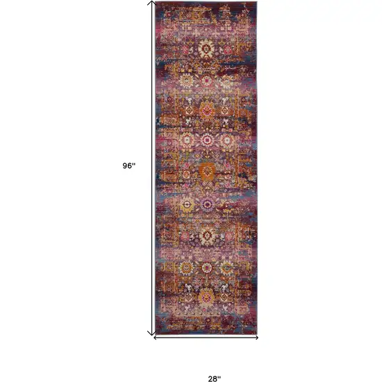 8' Blue Yellow And Red Floral Distressed Runner Rug Photo 3