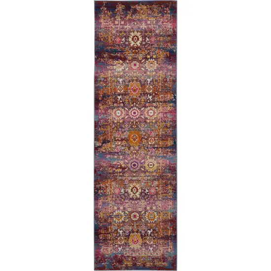 8' Blue Yellow And Red Floral Distressed Runner Rug Photo 8