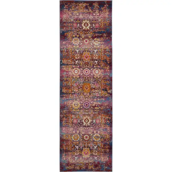 8' Blue Yellow And Red Floral Distressed Runner Rug Photo 2