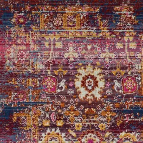 8' Blue Yellow And Red Floral Distressed Runner Rug Photo 7