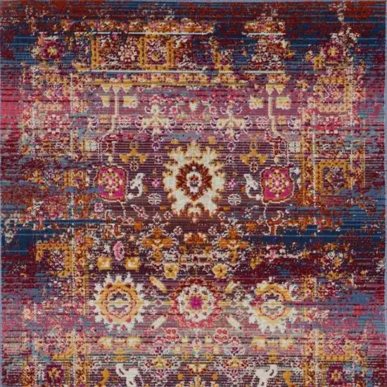 6' Blue Yellow And Red Floral Distressed Runner Rug Photo 7