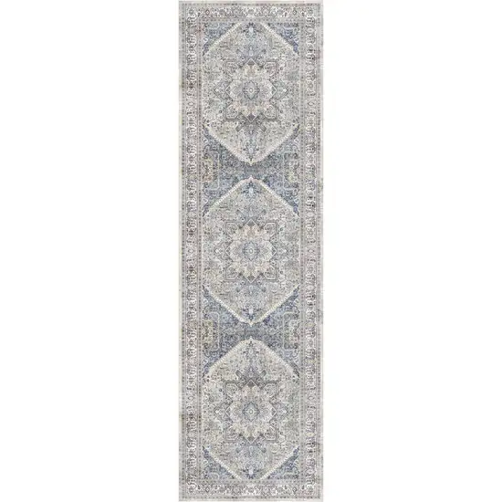 8' Blue and Beige Floral Distressed Non Skid Runner Rug Photo 2