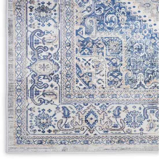 8' Blue and Beige Floral Distressed Non Skid Runner Rug Photo 4