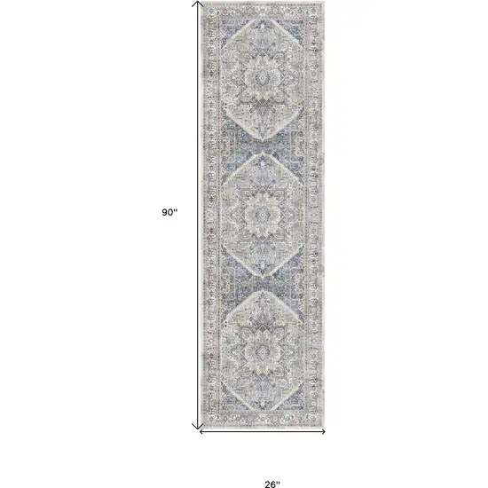 8' Blue and Beige Floral Distressed Non Skid Runner Rug Photo 3