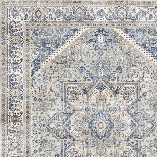 8' Blue and Beige Floral Distressed Non Skid Runner Rug Photo 7