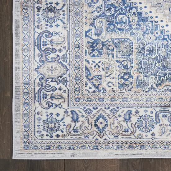 8' Blue and Beige Floral Distressed Non Skid Runner Rug Photo 5