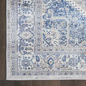 Photo of 8' Blue and Beige Floral Distressed Non Skid Runner Rug