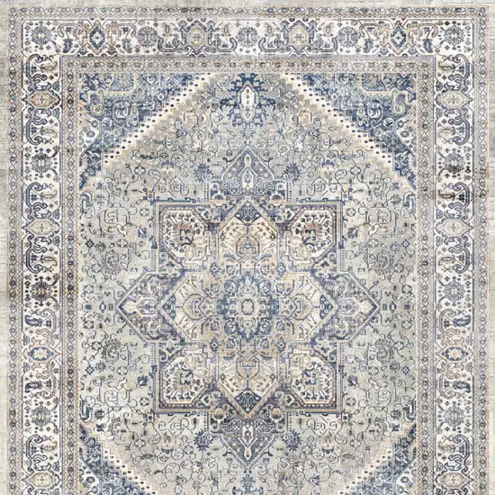 8' Blue and Beige Floral Distressed Non Skid Runner Rug Photo 8