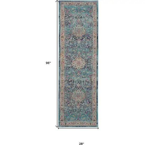 8' Blue and Beige Floral Distressed Runner Rug Photo 3