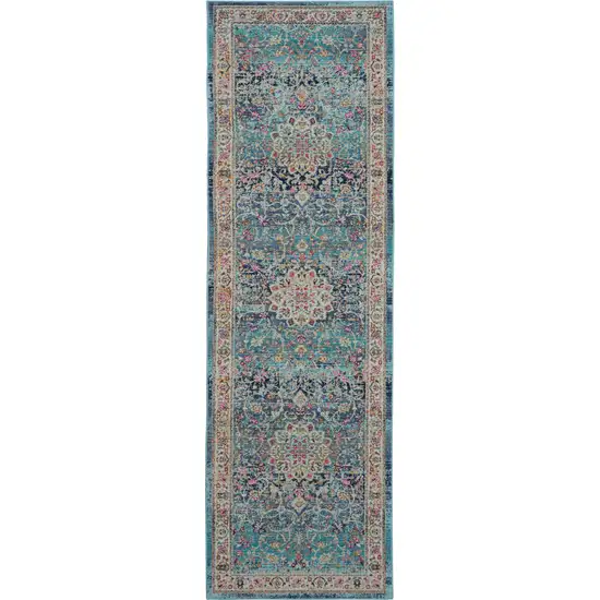 8' Blue and Beige Floral Distressed Runner Rug Photo 2