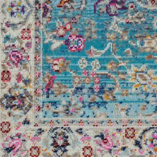 8' Blue and Beige Floral Distressed Runner Rug Photo 5