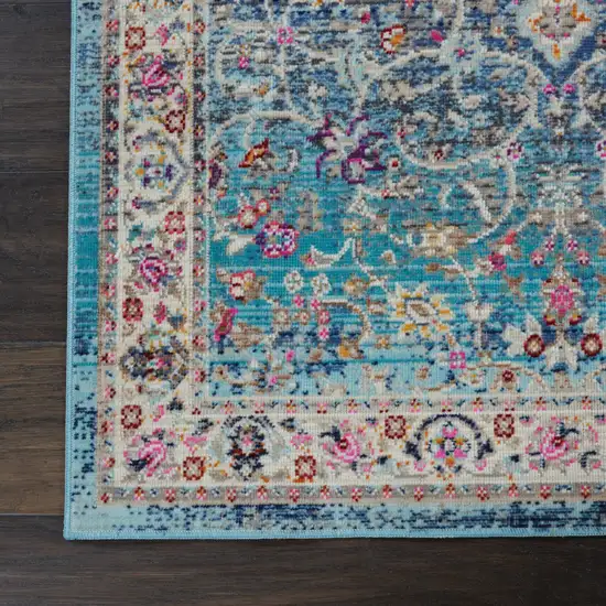 8' Blue and Beige Floral Distressed Runner Rug Photo 4