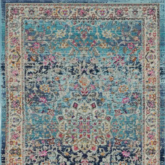 8' Blue and Beige Floral Distressed Runner Rug Photo 8