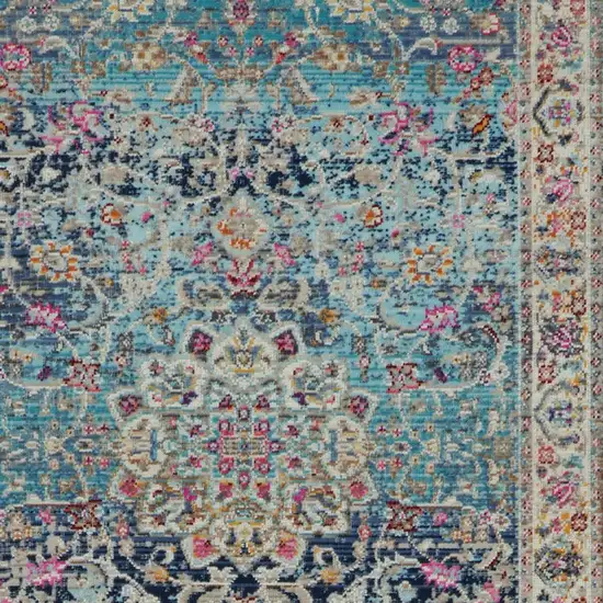 8' Blue and Beige Floral Distressed Runner Rug Photo 7