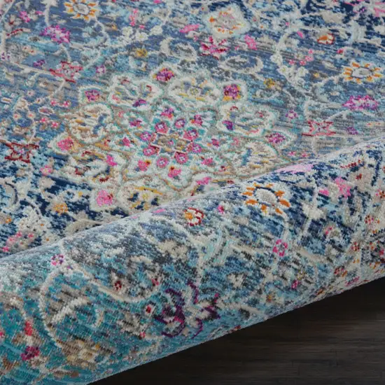 8' Blue and Beige Floral Distressed Runner Rug Photo 6