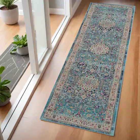 6' Blue and Beige Floral Distressed Runner Rug Photo 1