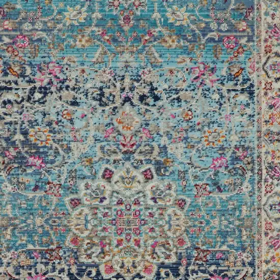 6' Blue and Beige Floral Distressed Runner Rug Photo 7