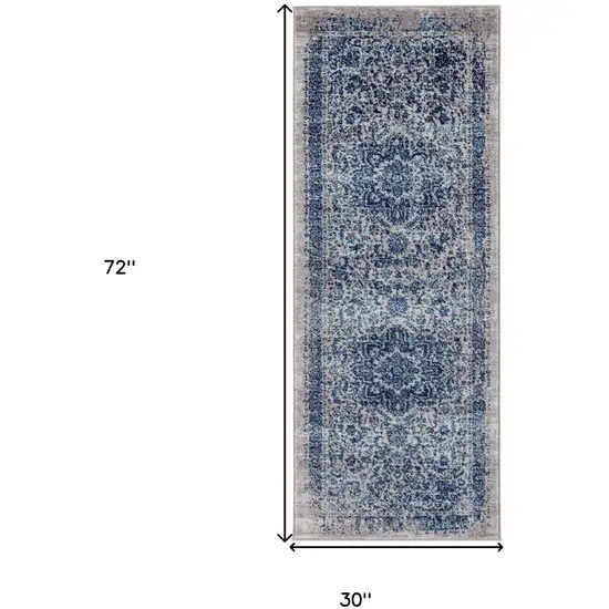 6' Blue and Beige Oriental Power Loom Runner Rug Photo 4