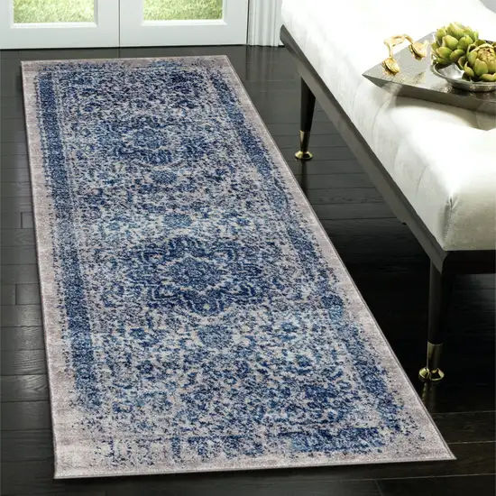 6' Blue and Beige Oriental Power Loom Runner Rug Photo 3