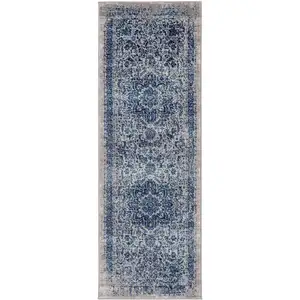 Photo of 7' Blue and Beige Oriental Power Loom Runner Rug